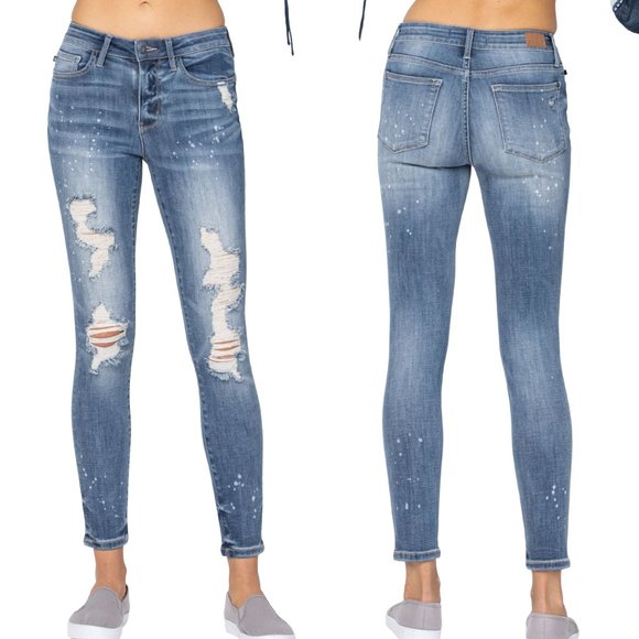 Judy Blue Mid-Rise Bleach Splatter Skinny Jeans - Picture 2 of 10